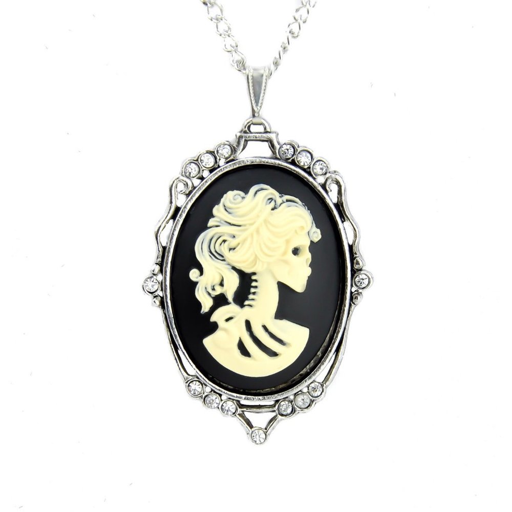 Gothic Victorian Living Dead Skeleton Girl Cameo Necklace Pendant w/ Crystals